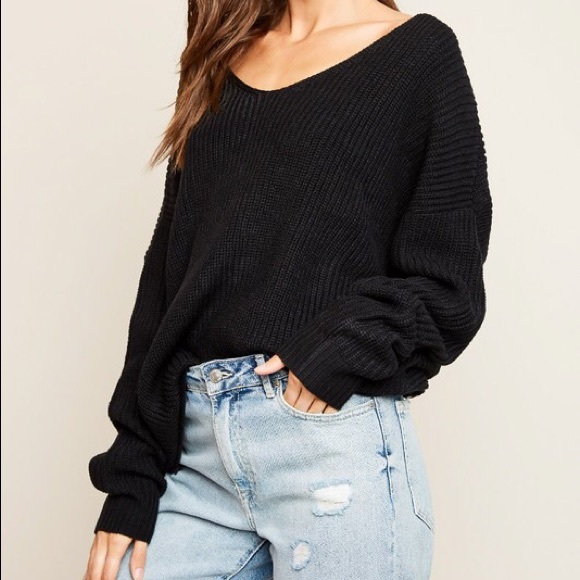 Black Twist Cross Back Oversized V Neck Sweater - Picture 3 of 3